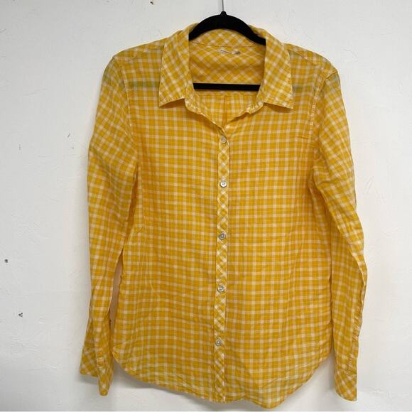 Faherty Yellow Plaid Button Down Shirt Womens M Blouse Classic Fall Flannel Top - Picture 1 of 9